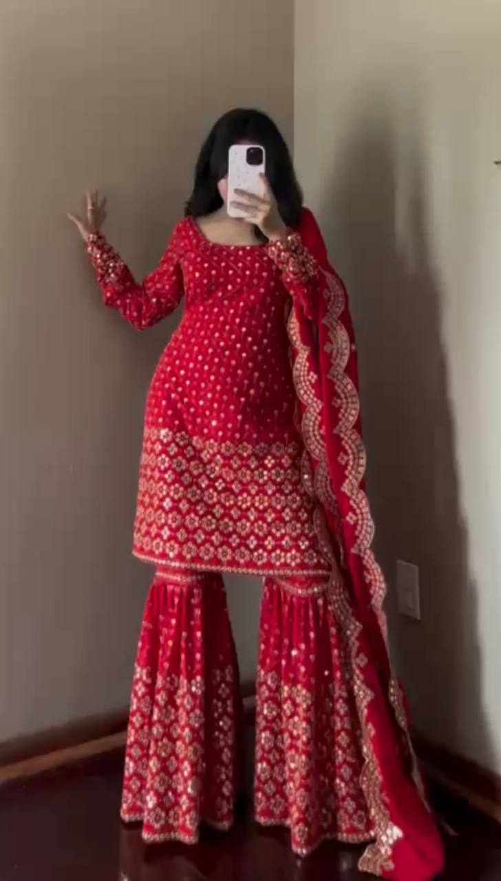 Prazu Fashion Red Georgette Thread Sequin Sharara Suit