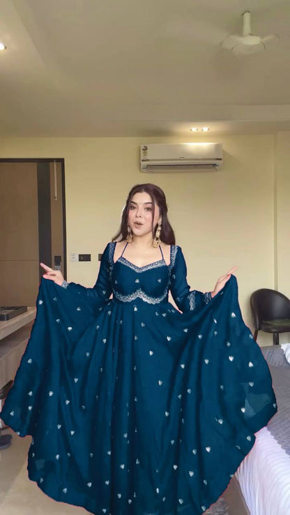 Prazu Fashion Teal Blue Georgette Thread Sequence Anarkali Suit - Distacart