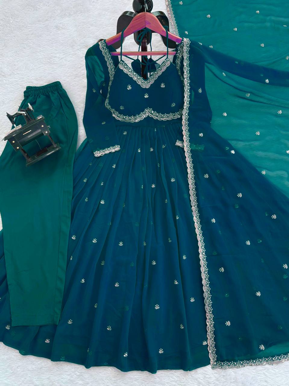 Prazu Fashion Teal Blue Georgette Thread Sequence Anarkali Suit