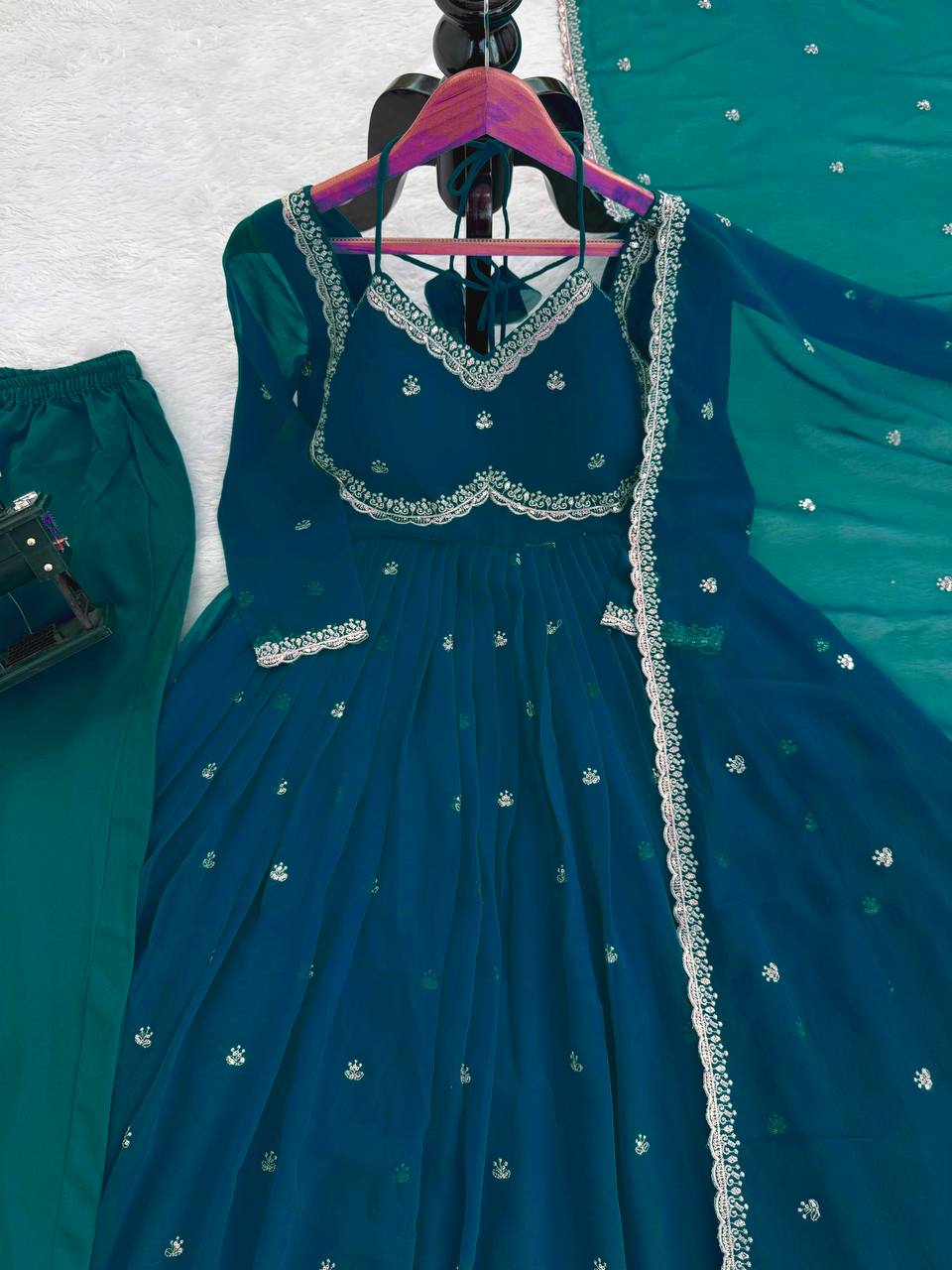 Prazu Fashion Teal Blue Georgette Thread Sequence Anarkali Suit - Distacart