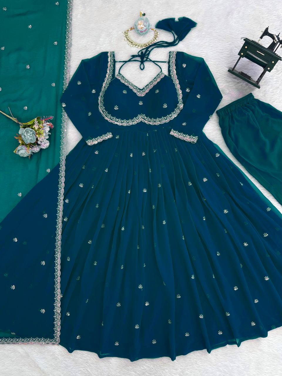 Prazu Fashion Teal Blue Georgette Thread Sequence Anarkali Suit