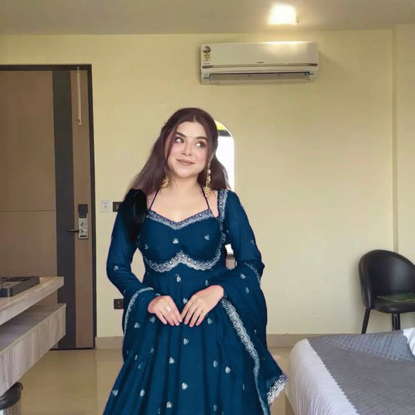 Prazu Fashion Teal Blue Georgette Thread Sequence Anarkali Suit