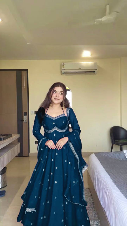 Prazu Fashion Teal Blue Georgette Thread Sequence Anarkali Suit - Distacart