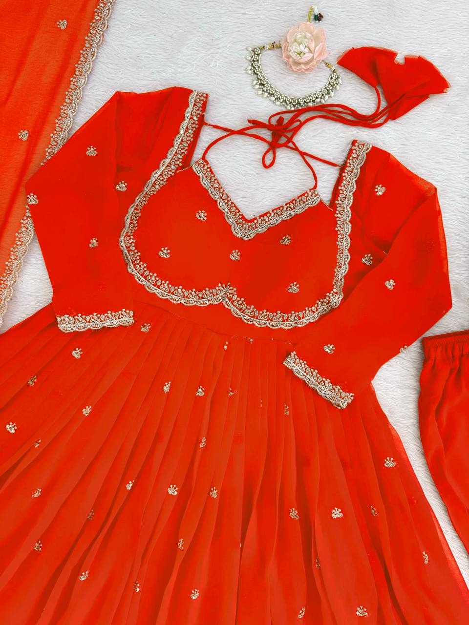 Prazu Fashion Red Georgette Thread Sequin Anarkali Suit - Distacart