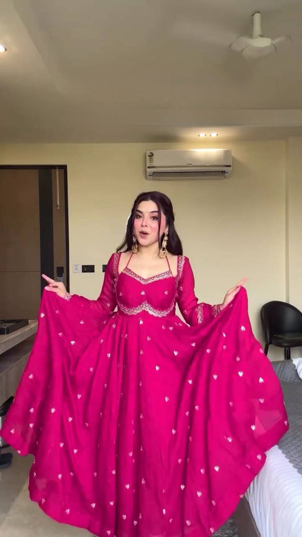 Prazu Fashion Pink Georgette Thread Sequin Anarkali Suit