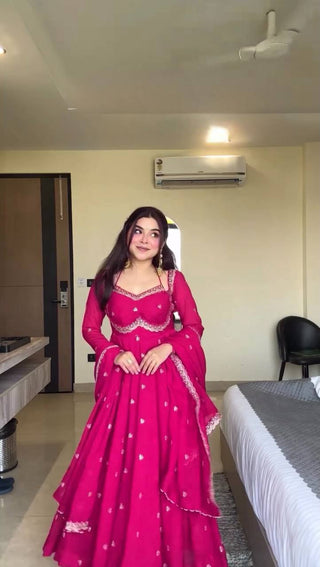 Prazu Fashion Pink Georgette Thread Sequin Anarkali Suit