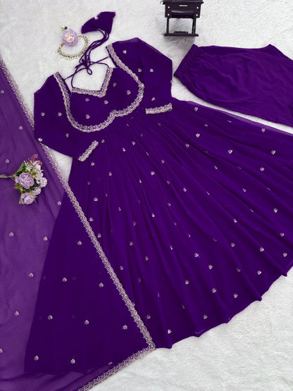 Prazu Fashion Violet Georgette Thread Sequin Anarkali Suit - Distacart