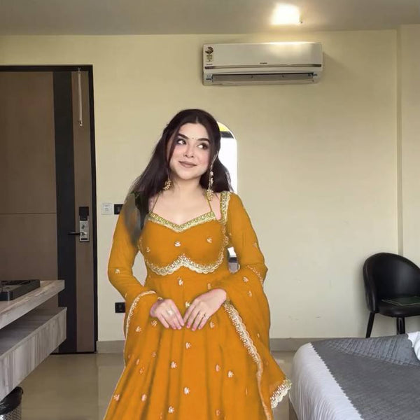 Prazu Fashion Yellow Georgette Thread Sequence Anarkali Suit