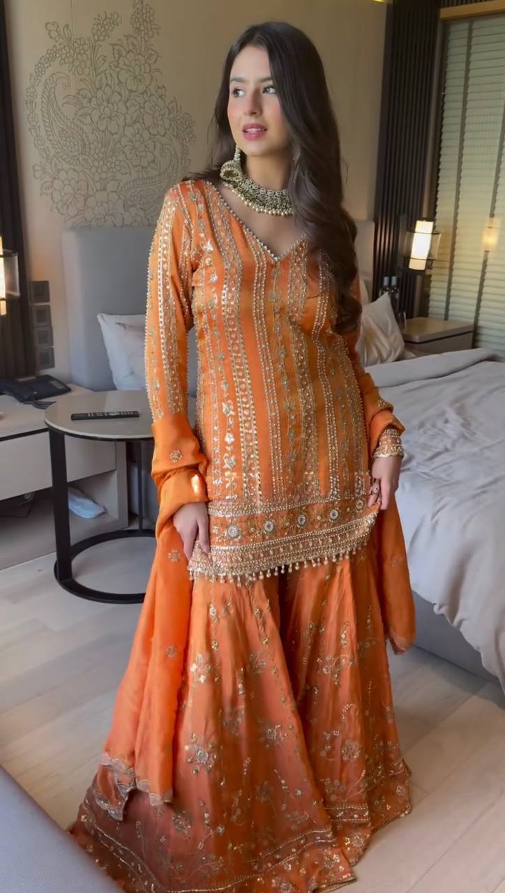 Prazu Fashion Orange Georgette Thread Sequin Sharara Suit