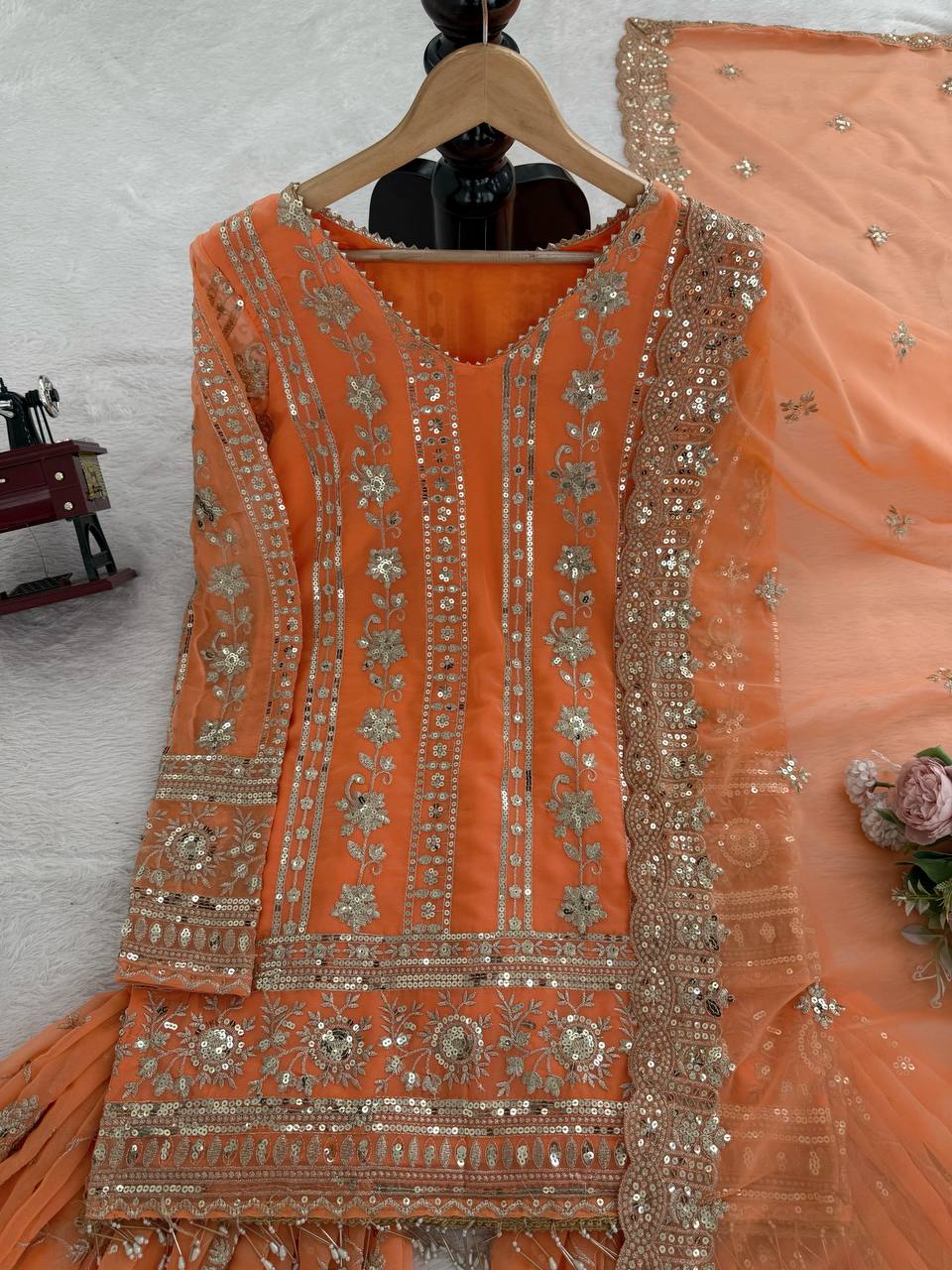 Prazu Fashion Orange Georgette Thread Sequin Sharara Suit