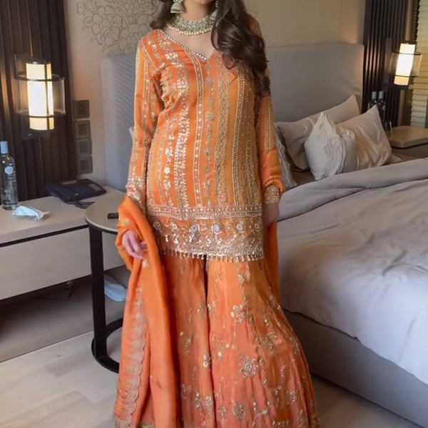 Prazu Fashion Orange Georgette Thread Sequin Sharara Suit