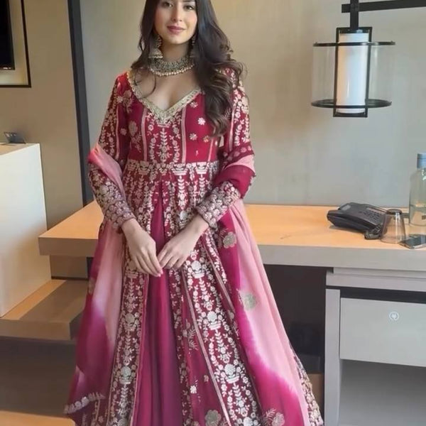 Prazu Fashion Maroon Georgette Thread Sequin Lehenga Style Suit