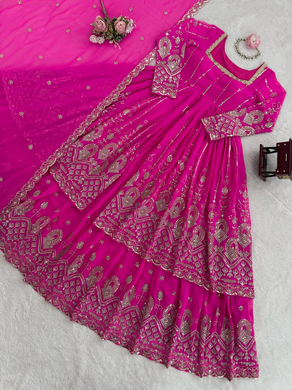 Prazu Fashion Pink Georgette Thread Sequin Lehenga Style Suit - Distacart