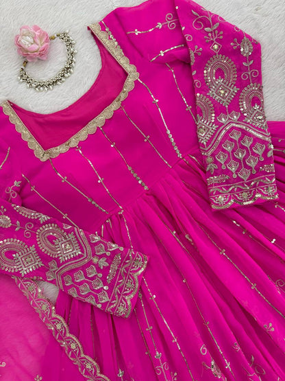 Prazu Fashion Pink Georgette Thread Sequin Lehenga Style Suit - Distacart