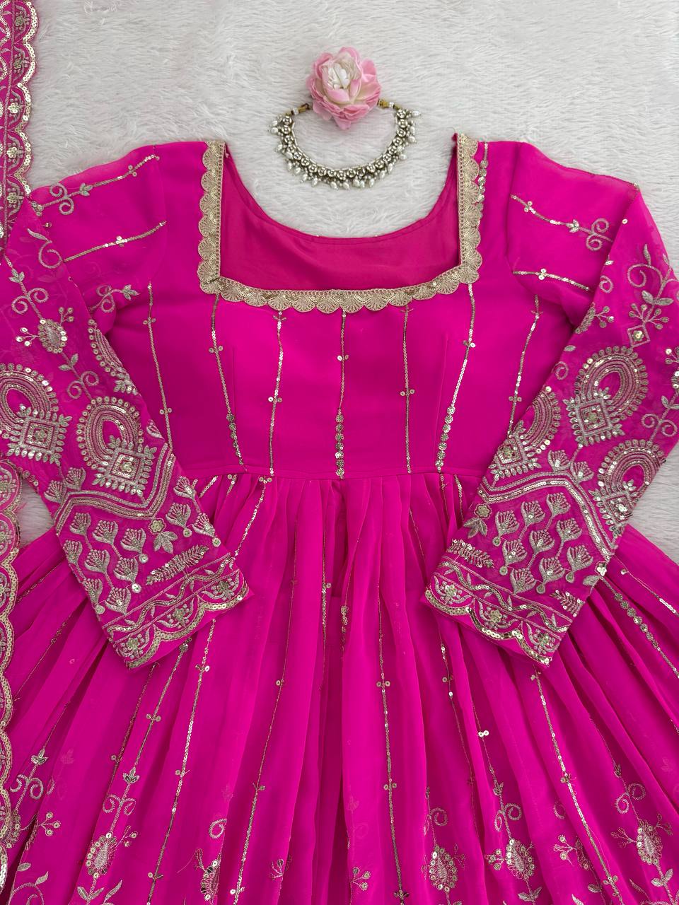 Prazu Fashion Pink Georgette Thread Sequin Lehenga Style Suit - Distacart
