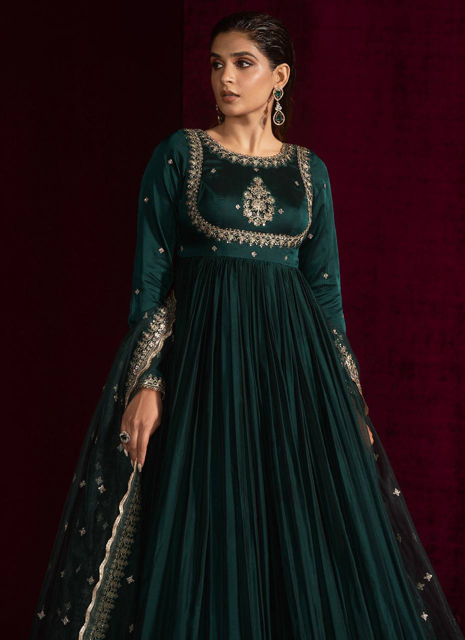 Prazu Fashion Teal Japan Satin Thread Sequence Anarkali Suit