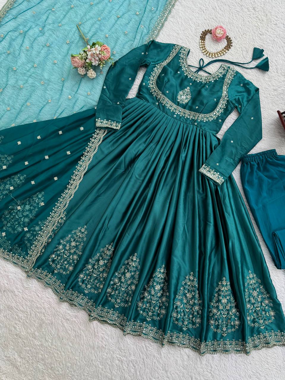Prazu Fashion Teal Japan Satin Thread Sequence Anarkali Suit