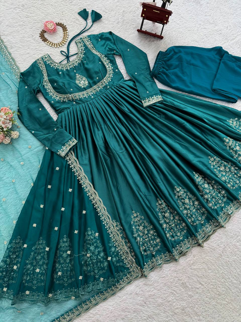 Prazu Fashion Teal Japan Satin Thread Sequence Anarkali Suit