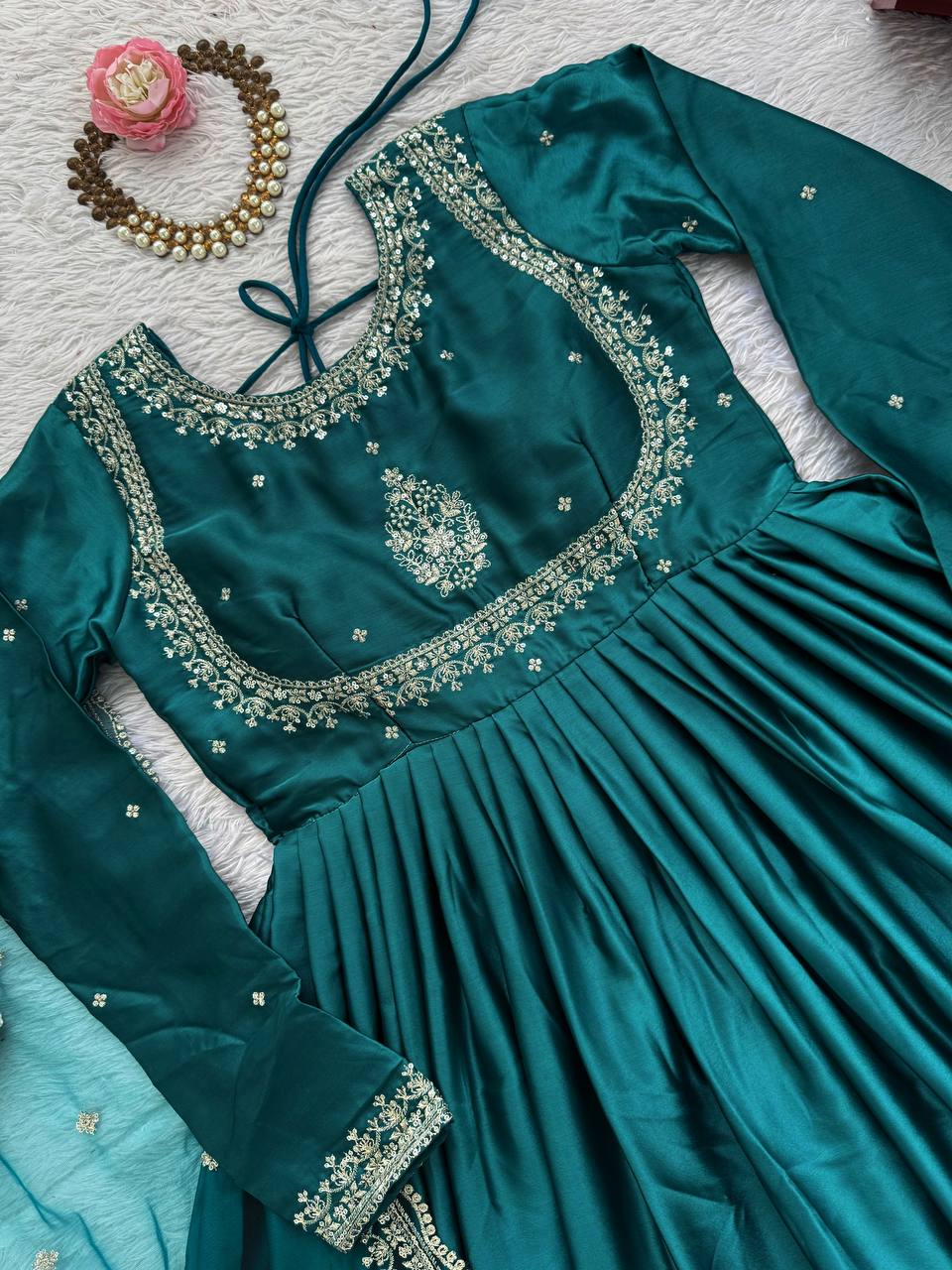 Prazu Fashion Teal Japan Satin Thread Sequence Anarkali Suit