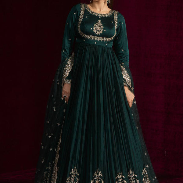 Prazu Fashion Teal Japan Satin Thread Sequence Anarkali Suit
