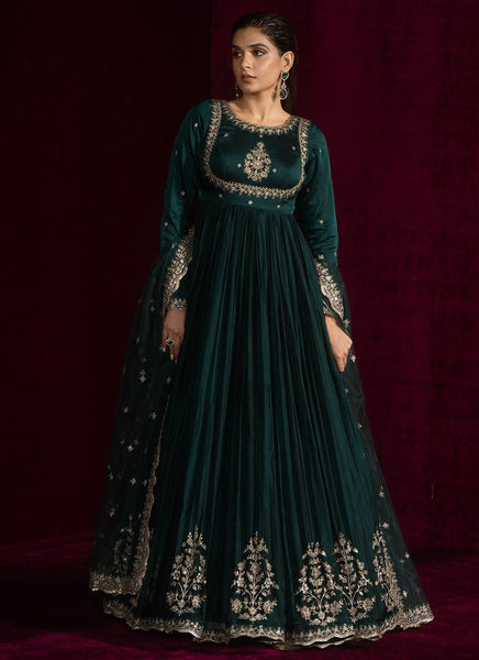 Prazu Fashion Teal Japan Satin Thread Sequence Anarkali Suit