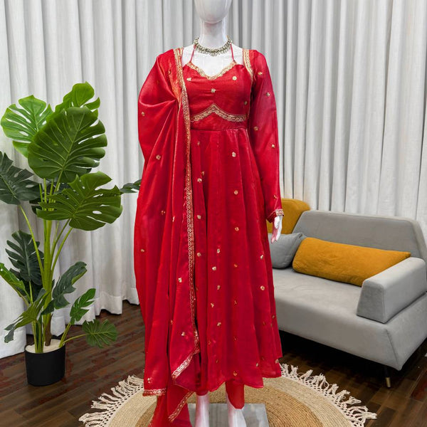 Prazu Fashion Red Fendy Silk Thread Sequence Anarkali Suit