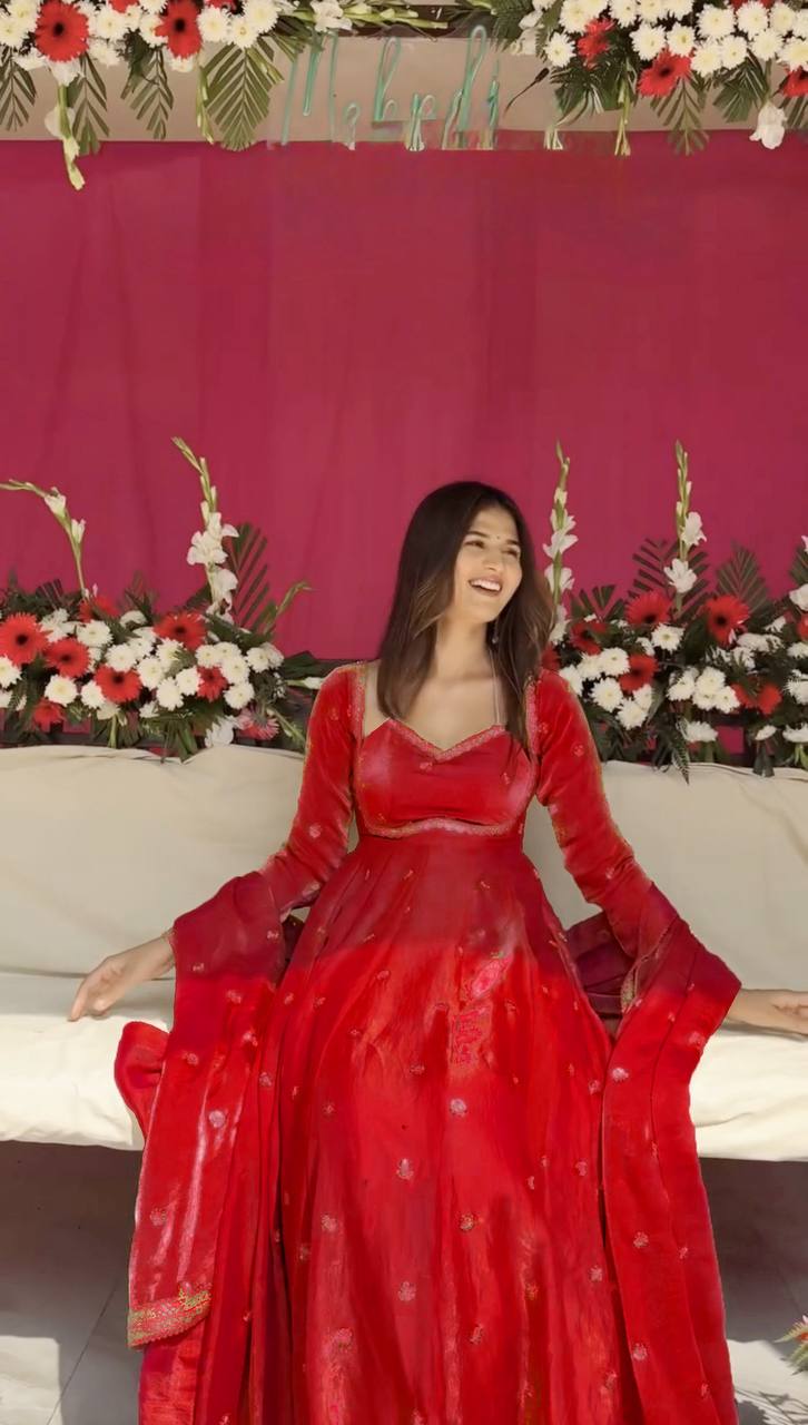 Prazu Fashion Red Fendy Silk Thread Sequence Anarkali Suit