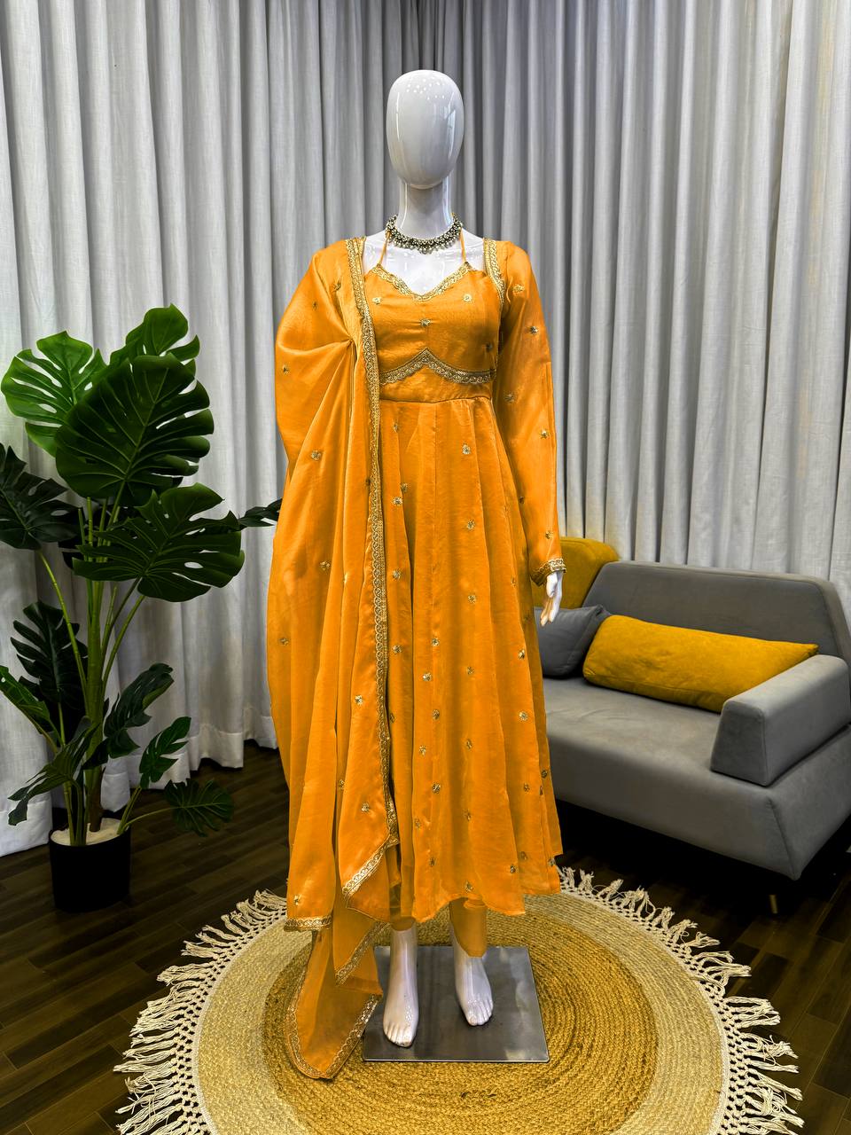 Prazu Fashion Yellow Fendy Silk Thread Sequence Anarkali Suit