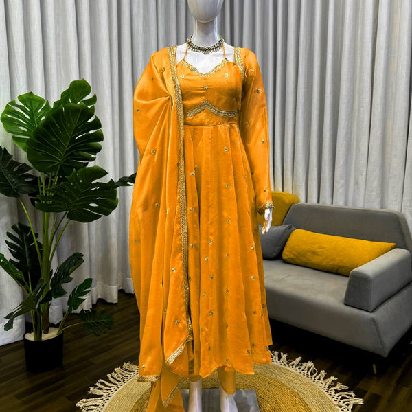 Prazu Fashion Yellow Fendy Silk Thread Sequence Anarkali Suit