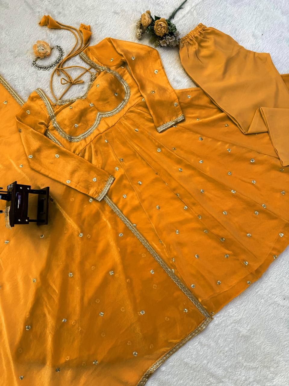 Prazu Fashion Yellow Fendy Silk Thread Sequence Anarkali Suit