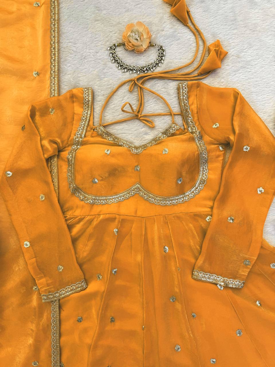 Prazu Fashion Yellow Fendy Silk Thread Sequence Anarkali Suit