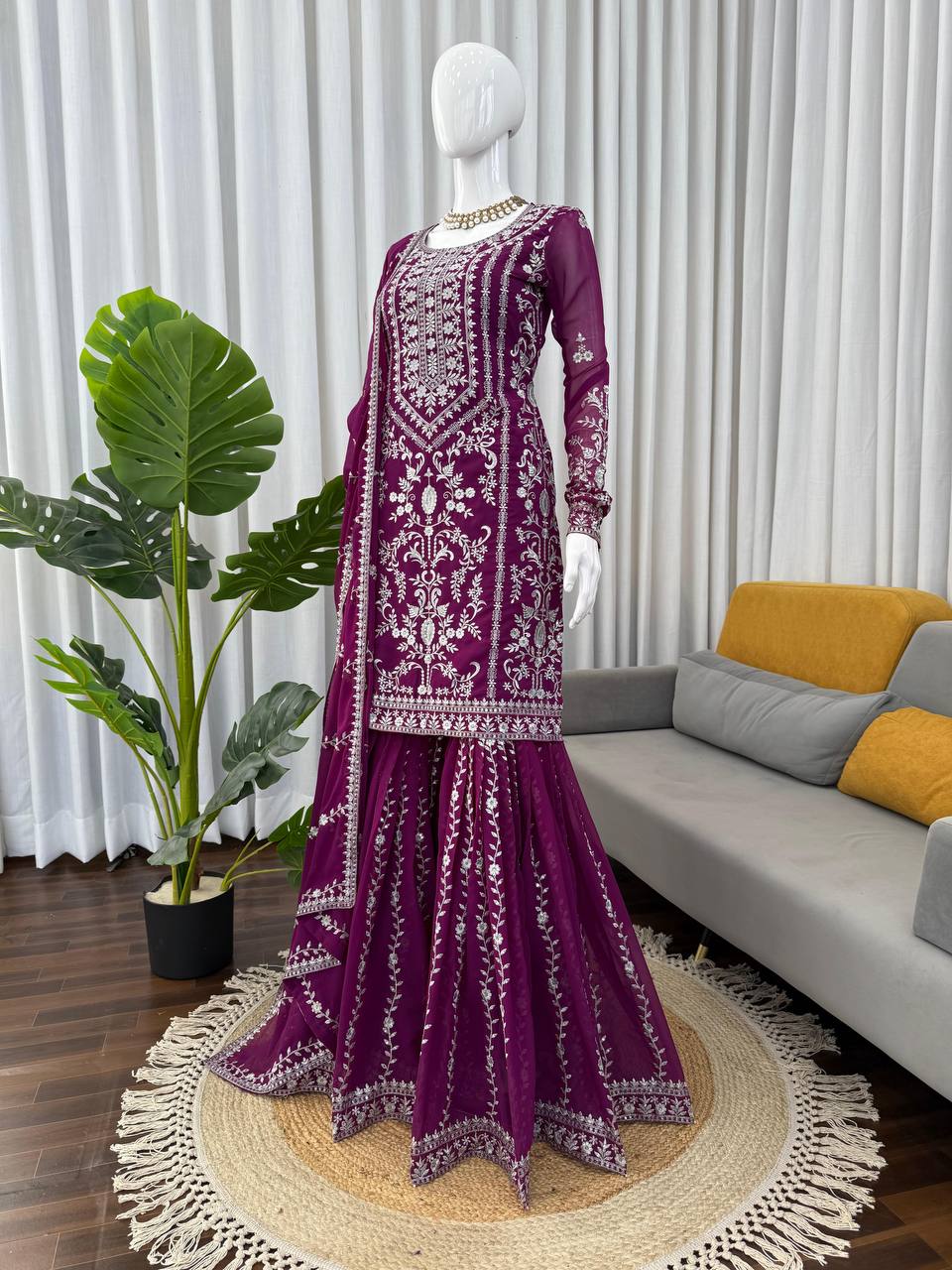 Prazu Fashion Purple Georgette Thread Sequence Sharara Suit - Distacart