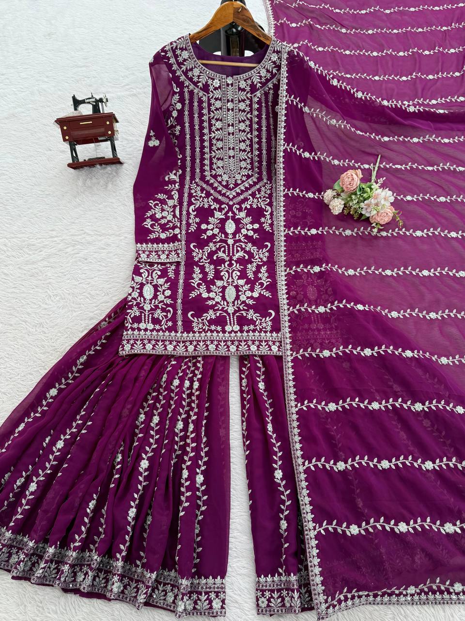 Prazu Fashion Purple Georgette Thread Sequence Sharara Suit