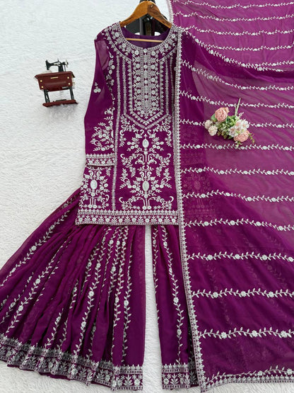 Prazu Fashion Purple Georgette Thread Sequence Sharara Suit - Distacart