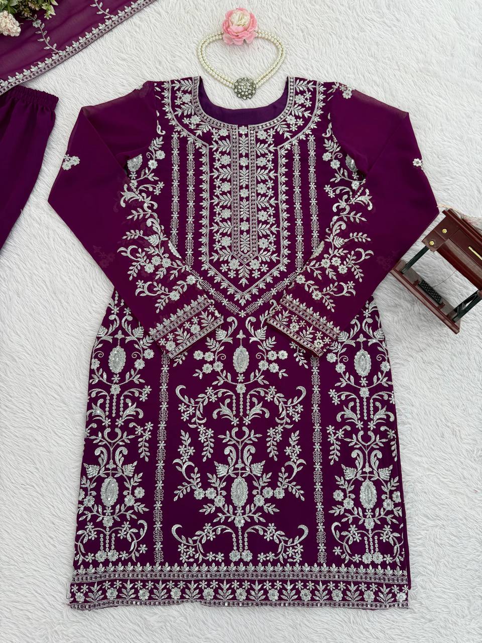 Prazu Fashion Purple Georgette Thread Sequence Sharara Suit