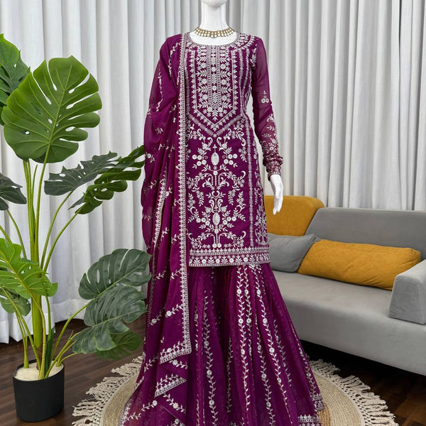 Prazu Fashion Purple Georgette Thread Sequence Sharara Suit
