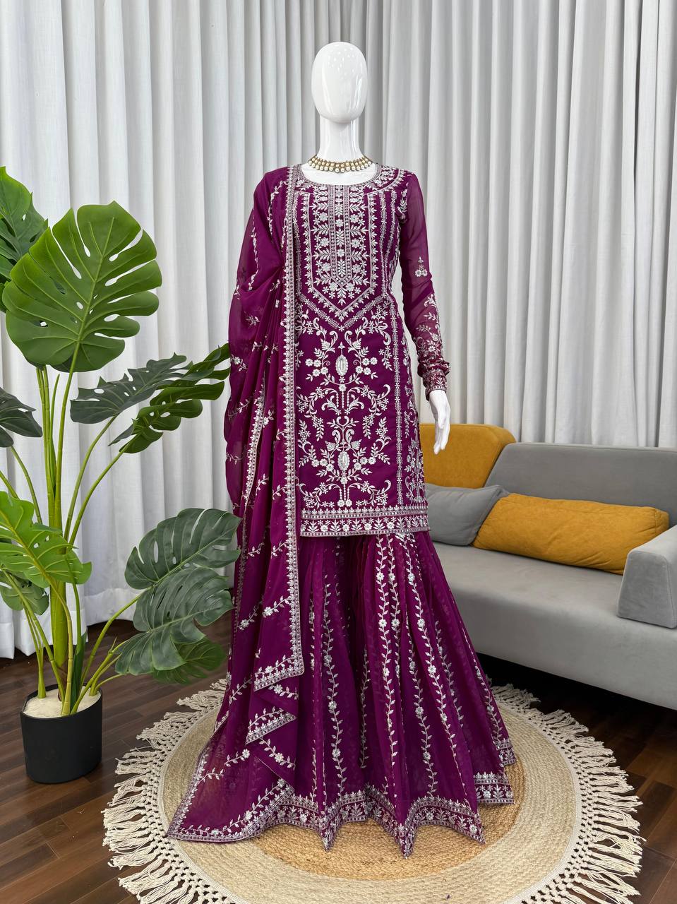 Prazu Fashion Purple Georgette Thread Sequence Sharara Suit - Distacart