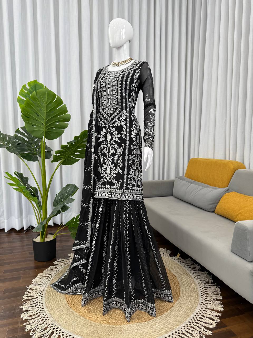 Prazu Fashion Black Georgette Thread Sequence Sharara Suit - Distacart