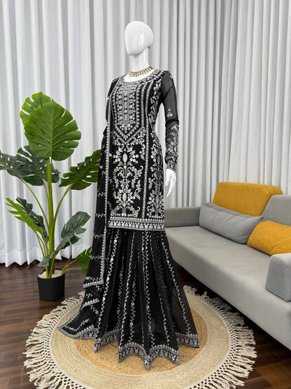 Prazu Fashion Black Georgette Thread Sequence Sharara Suit - Distacart