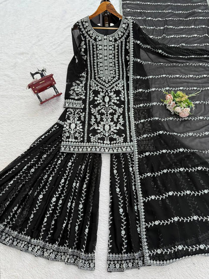 Prazu Fashion Black Georgette Thread Sequence Sharara Suit - Distacart