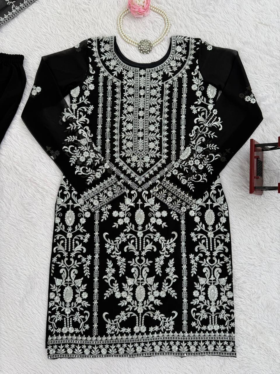 Prazu Fashion Black Georgette Thread Sequence Sharara Suit