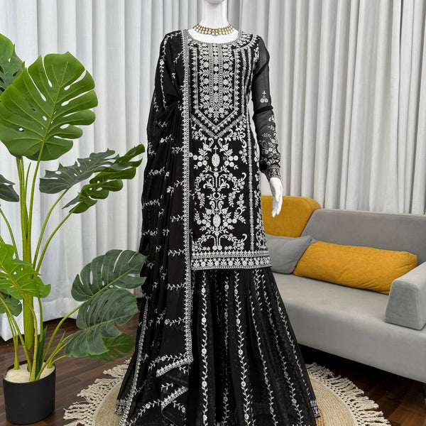 Prazu Fashion Black Georgette Thread Sequence Sharara Suit