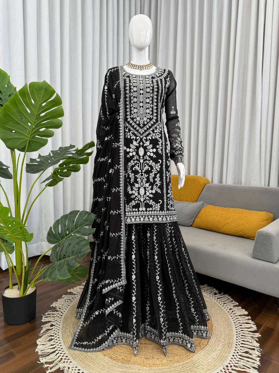 Prazu Fashion Black Georgette Thread Sequence Sharara Suit