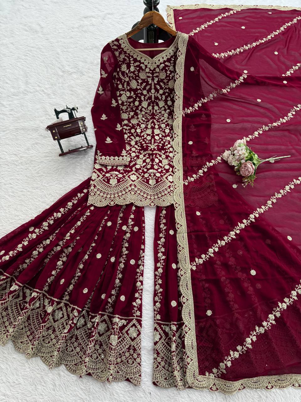 Prazu Fashion Wine Georgette Thread Sequence Sharara Suit