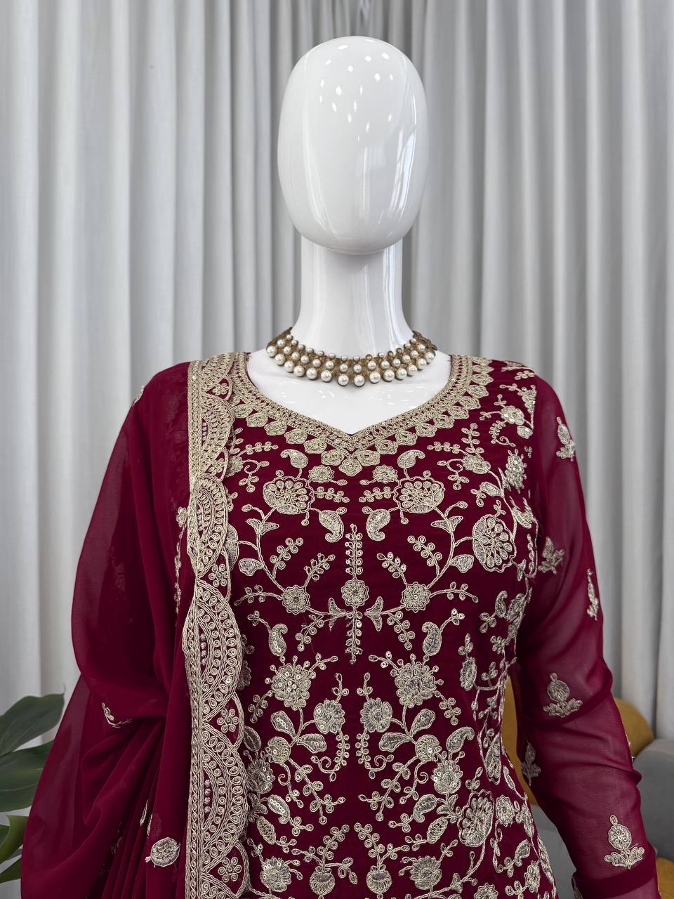 Prazu Fashion Wine Georgette Thread Sequence Sharara Suit
