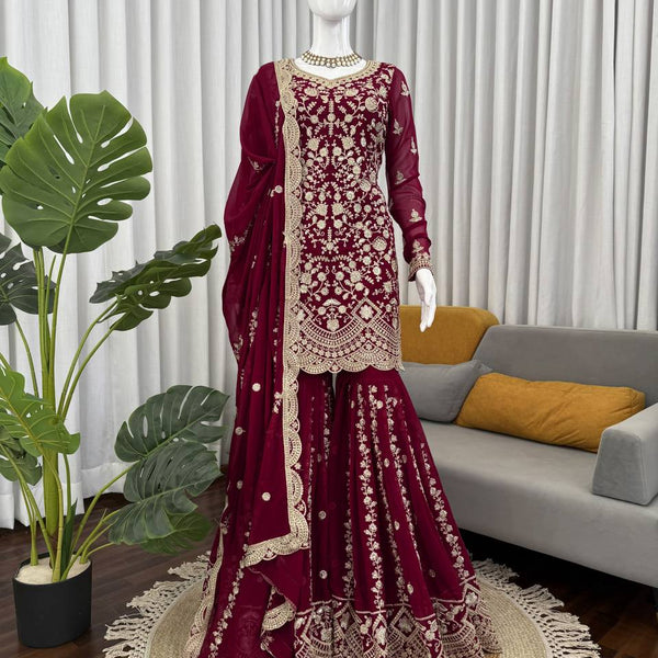 Prazu Fashion Wine Georgette Thread Sequence Sharara Suit