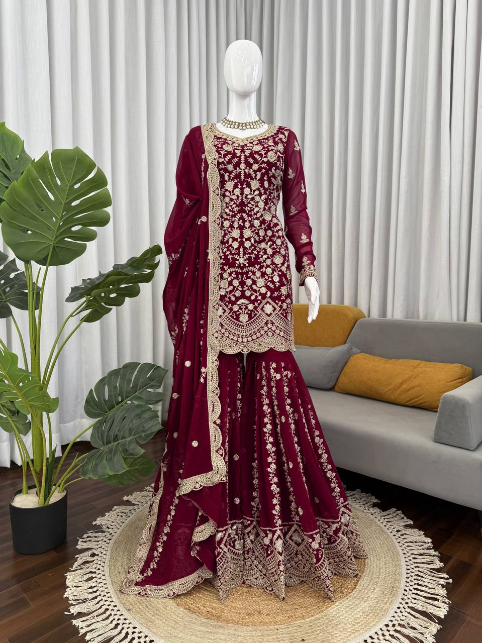 Prazu Fashion Wine Georgette Thread Sequence Sharara Suit - Distacart
