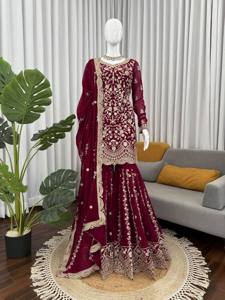 Prazu Fashion Wine Georgette Thread Sequence Sharara Suit