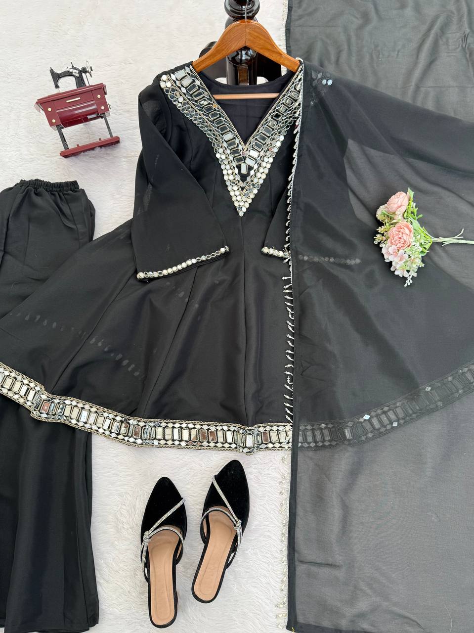 Prazu Fashion Black Cosmos Thread With Mirror Work Designer Palazzo Suit