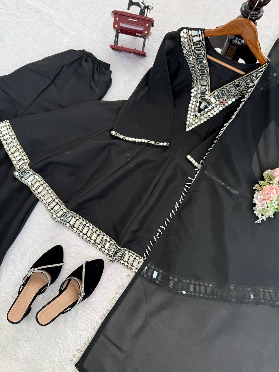 Prazu Fashion Black Cosmos Thread With Mirror Work Designer Palazzo Suit